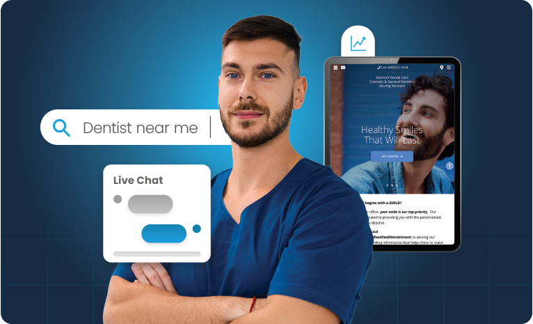 Image of a male dentist with a chat bubble showing ProSites offer a chat feature with their websites