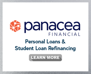 Panacea Financial logo with the text 'Personal Loans & Student Loan Refinancing' and a gray 'Learn More' button.