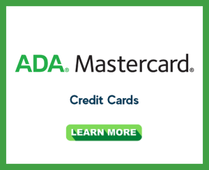 ADA Mastercard logo in a green box indicating they are an ADA-PDA member