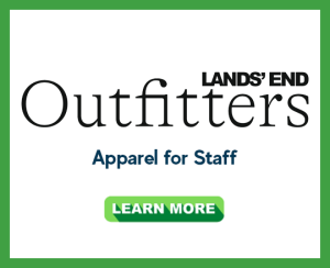 Banner showing Lands' End Outfitters logo with the tagline 'Apparel for Staff' and a green 'Learn More' button.