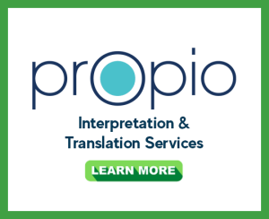 Propio logo with a teal circle in the O, tagline 'Interpretation & Translation Services', and a green Learn More button.