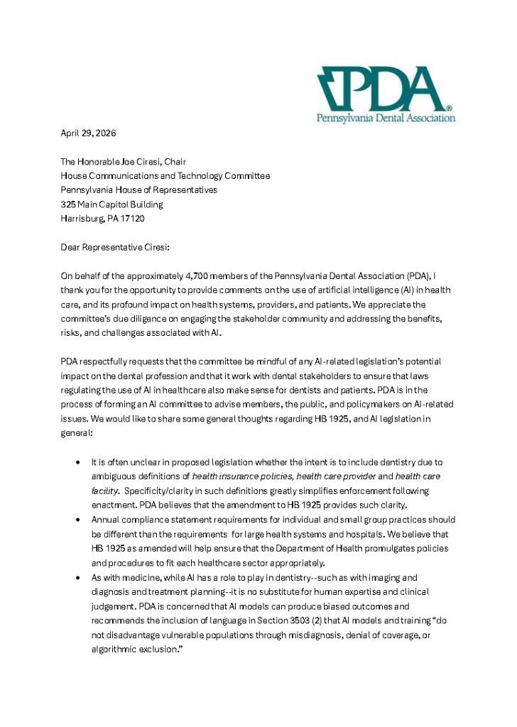Formal letter on Pennsylvania Dental Association letterhead dated April 29, 2026, addressed to The Honorable Joe Ciresi with PDA logo in the top right.