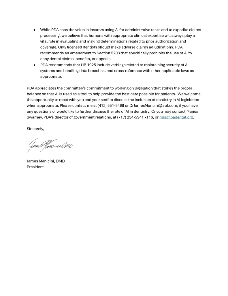 Letter page describing PDA stance on AI in dentistry, including signature and title of James Manicini, DMD, President.