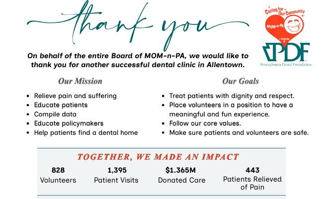 Thank you note from MOM-n-PA with mission and goals, plus impact stats: volunteers, patient visits, donated care, and relieved pain. (logos shown)