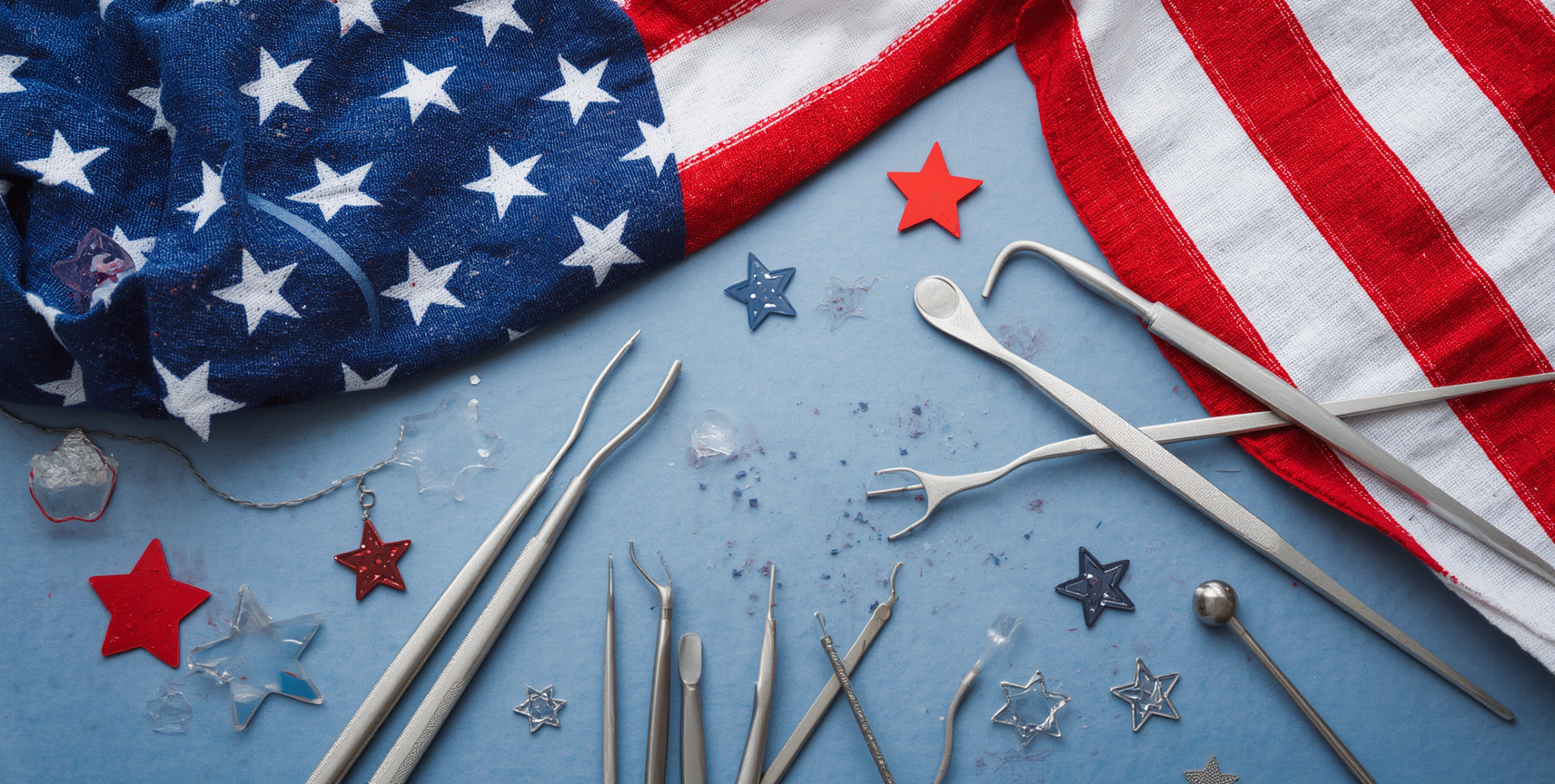 Dental instruments laid out on a blue surface with red, white, and blue patriotic fabric and star decorations.
