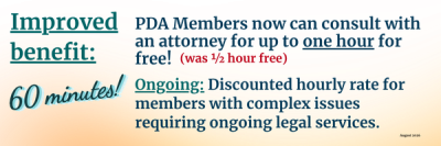 Promo banner: PDA Members get up to one hour free attorney consultation (improved benefit) with ongoing discounted rates for complex legal issues, on an orange gradient background.