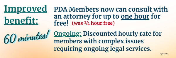 Promo banner: PDA Members get up to one hour free attorney consultation (improved benefit) with ongoing discounted rates for complex legal issues, on an orange gradient background.